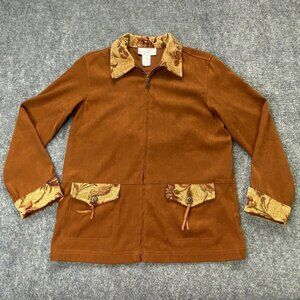 VTG Y2K Susan Graver Style Jacket Womens XS Brown Tapestry Trim Boho Western 90s